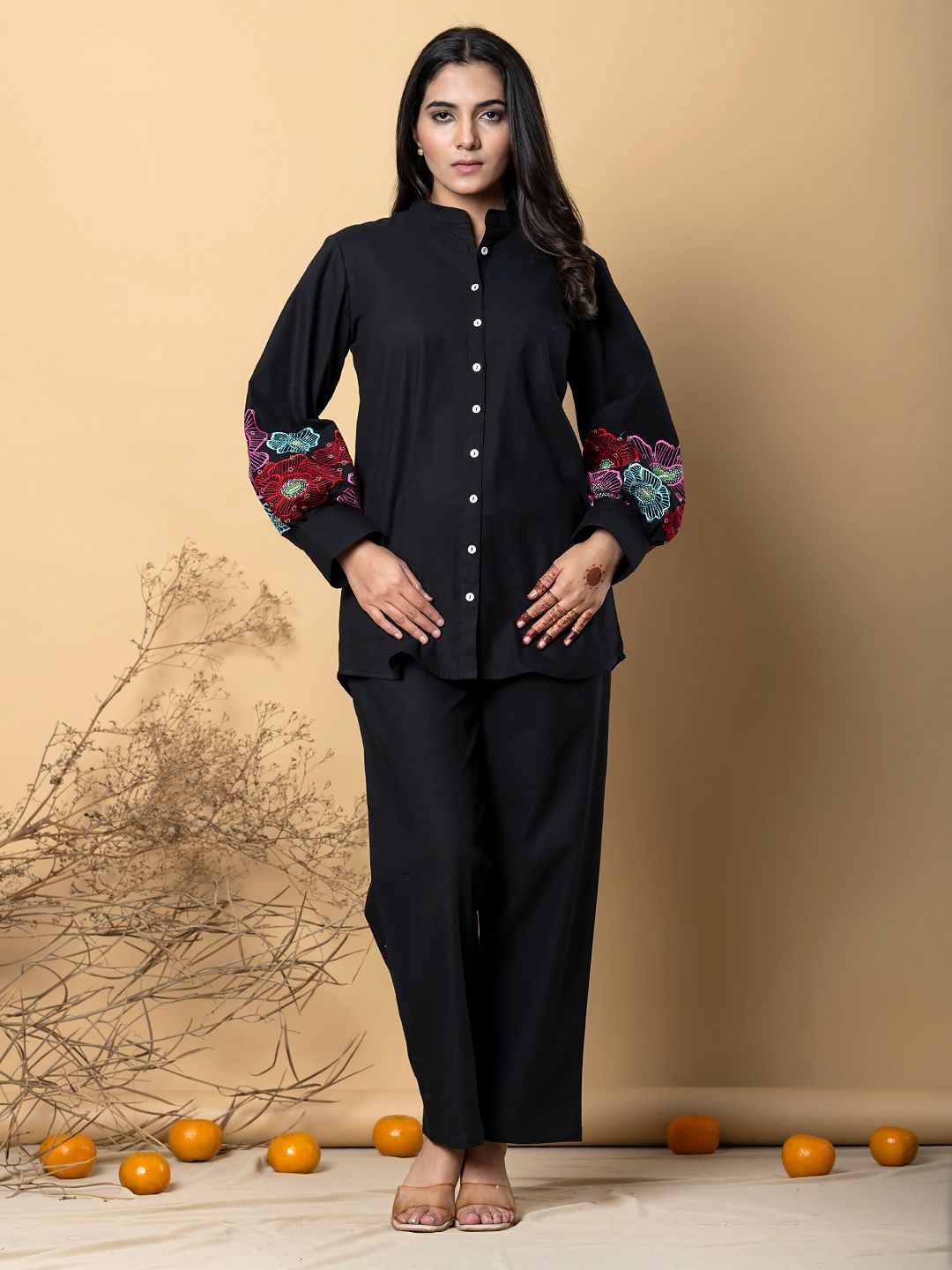 Women's cotton black embellished co-ord-set