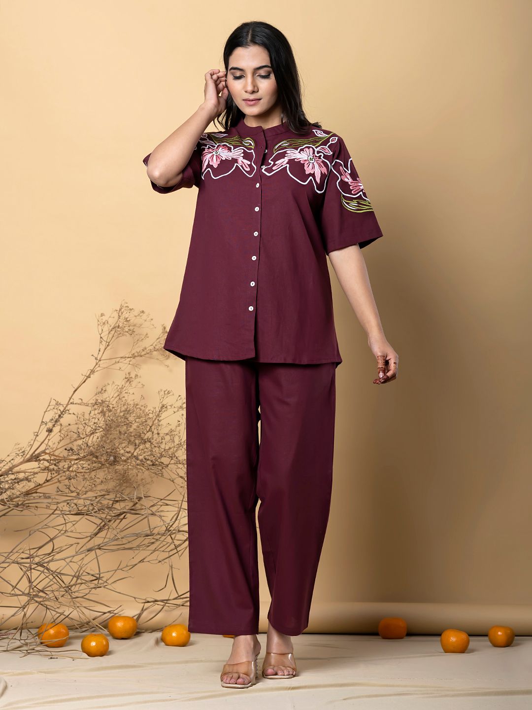 Maroon Cotton Floral Embroidered Top and Pant Co-ord Set