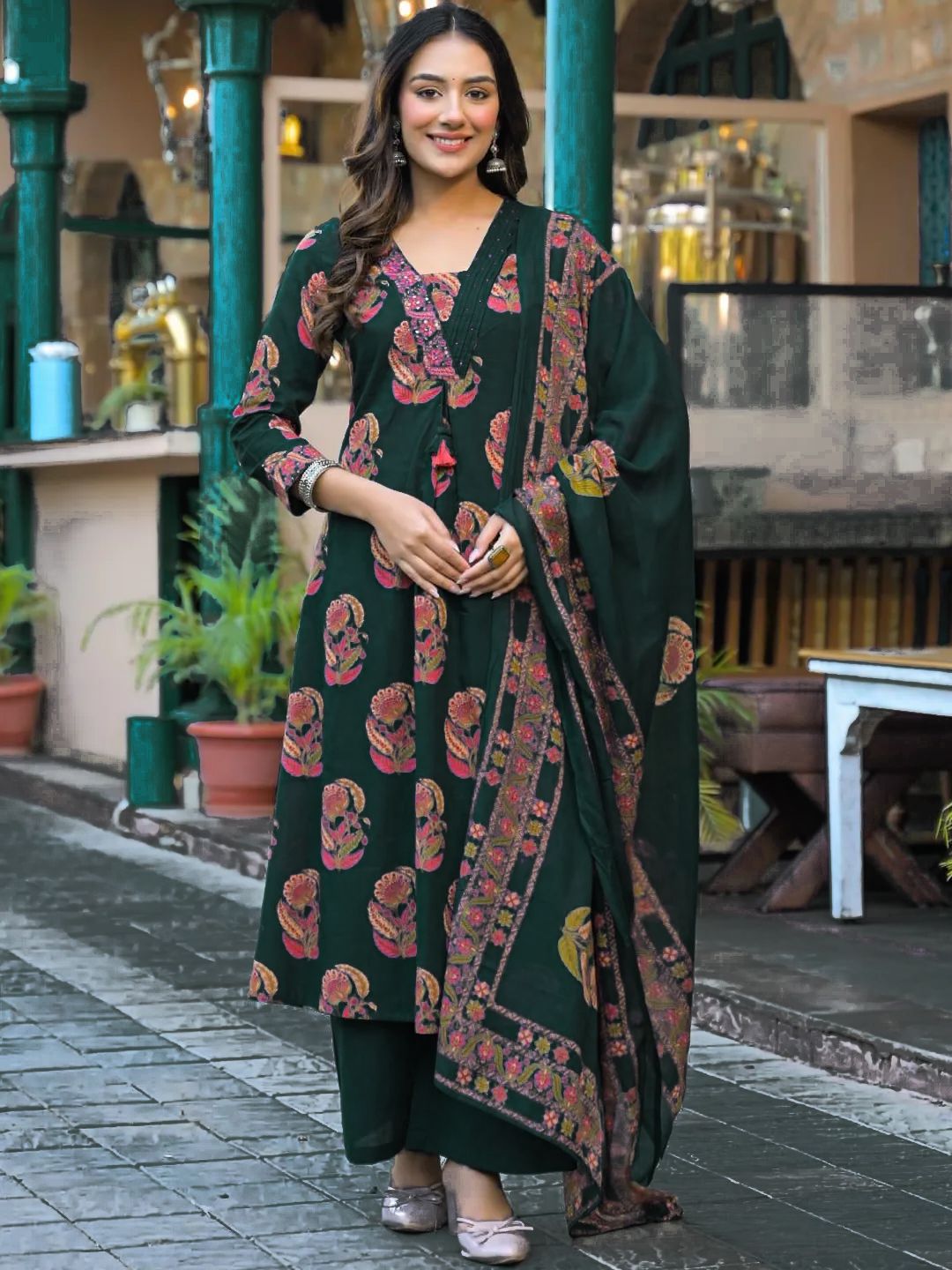 Women's pure cotton dark green embellished hand block printed ready to wear full stitched suit with pant and dupatta