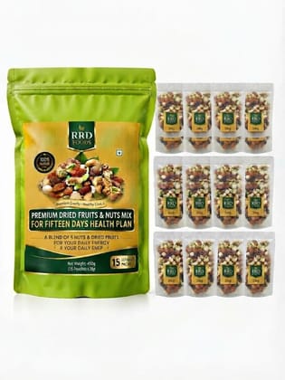 R R D Foods Dry Fruits Mix | Daily Portion Pack | Almonds, Cashews, Pistachios, Walnuts & Raisins | 30g x 15 Pouches | 450g R R D Foods Dry Fruits Mix | Daily Portion Pack | Almonds, Cashews, Pistachios, Walnuts & Raisins | 30g x 15 Pouches | 450g