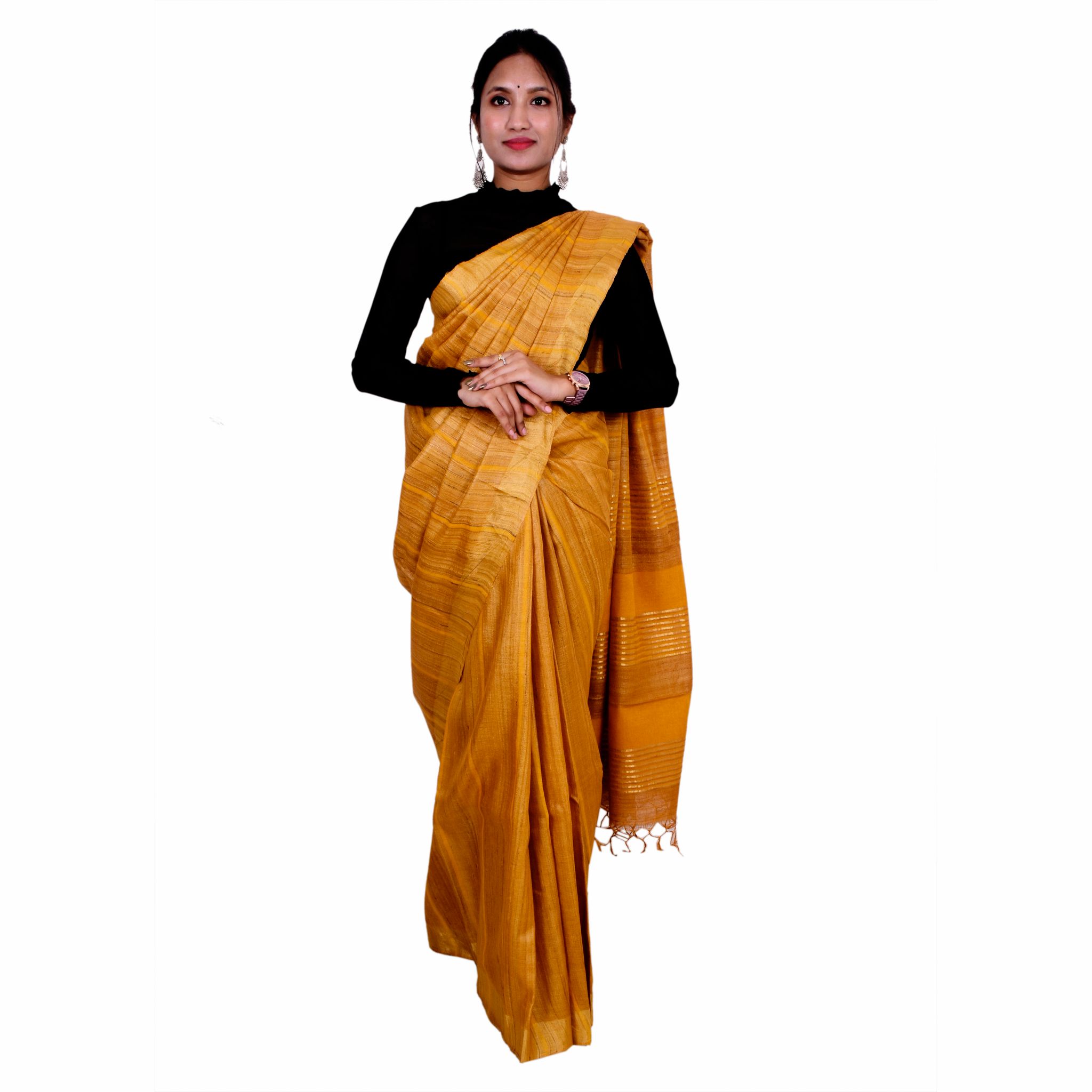 Tribes India Golden Yellow Handloom Tussar Silk Saree