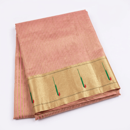 Handloom Light Pink Saree with Gold Vertical Stripes and Zari Border Handloom Light Pink Saree with Gold Vertical Stripes and Zari Border