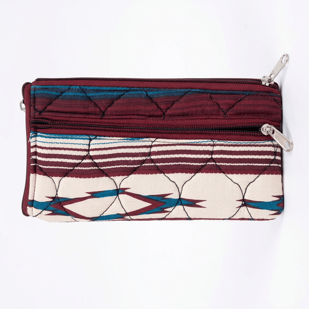 Quilted Fabric Multipurpose Zipper Pouch with Tribal Print - Maroon/Blue