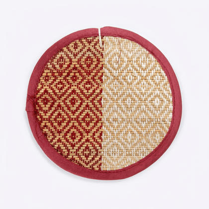 Handwoven Round Grass Placemats Set, Red and Natural Handwoven Round Grass Placemats Set, Red and Natural