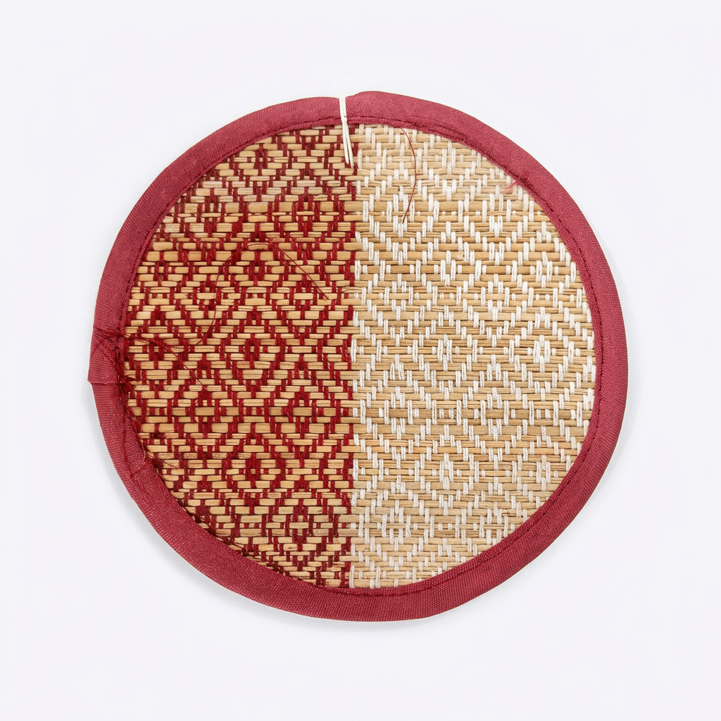 Handwoven Round Grass Placemats Set, Red and Natural