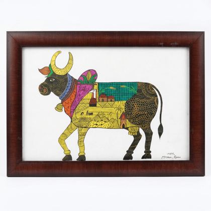 Traditional Gond Art Framed Bull Painting - Signed Mecram Ramu Traditional Gond Art Framed Bull Painting - Signed Mecram Ramu