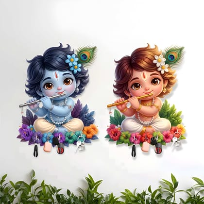 Heavy Duty Galaxy Craft Premium Little Krishna Wooden Key Holder, Key Hanger for Living Room, Decorative Gift Item, Pack of 2 (Original)