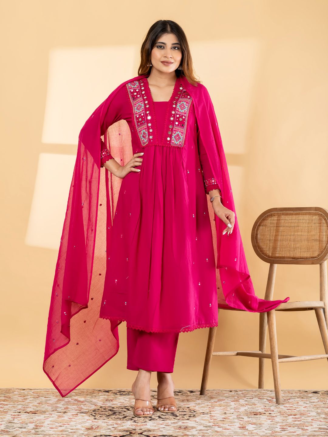 Women's Embroidered Anarkali Kurta and Pant Set in Magenta