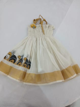 Girl's Cotton Kasavu Frock - Elephant Mural Print - Off White