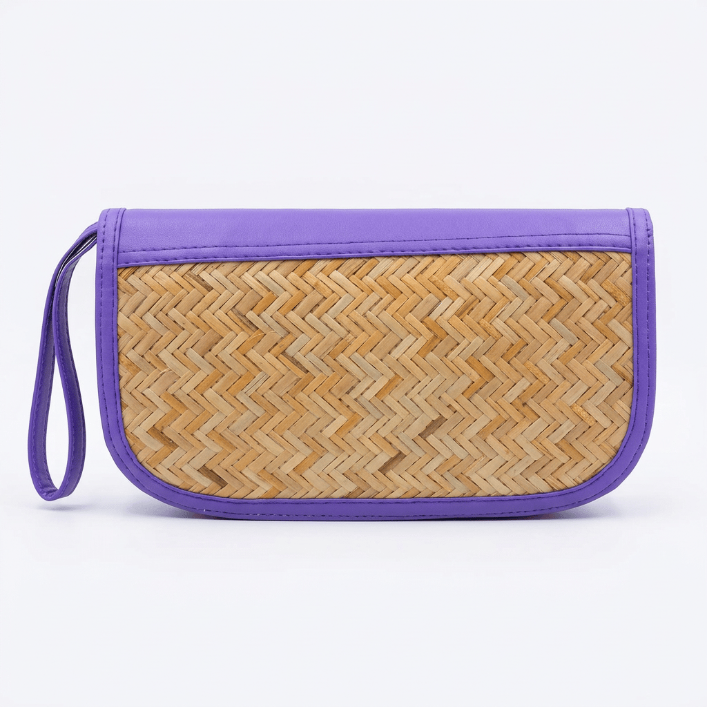 Handwoven Bamboo Clutch with Purple Trim and Wristlet