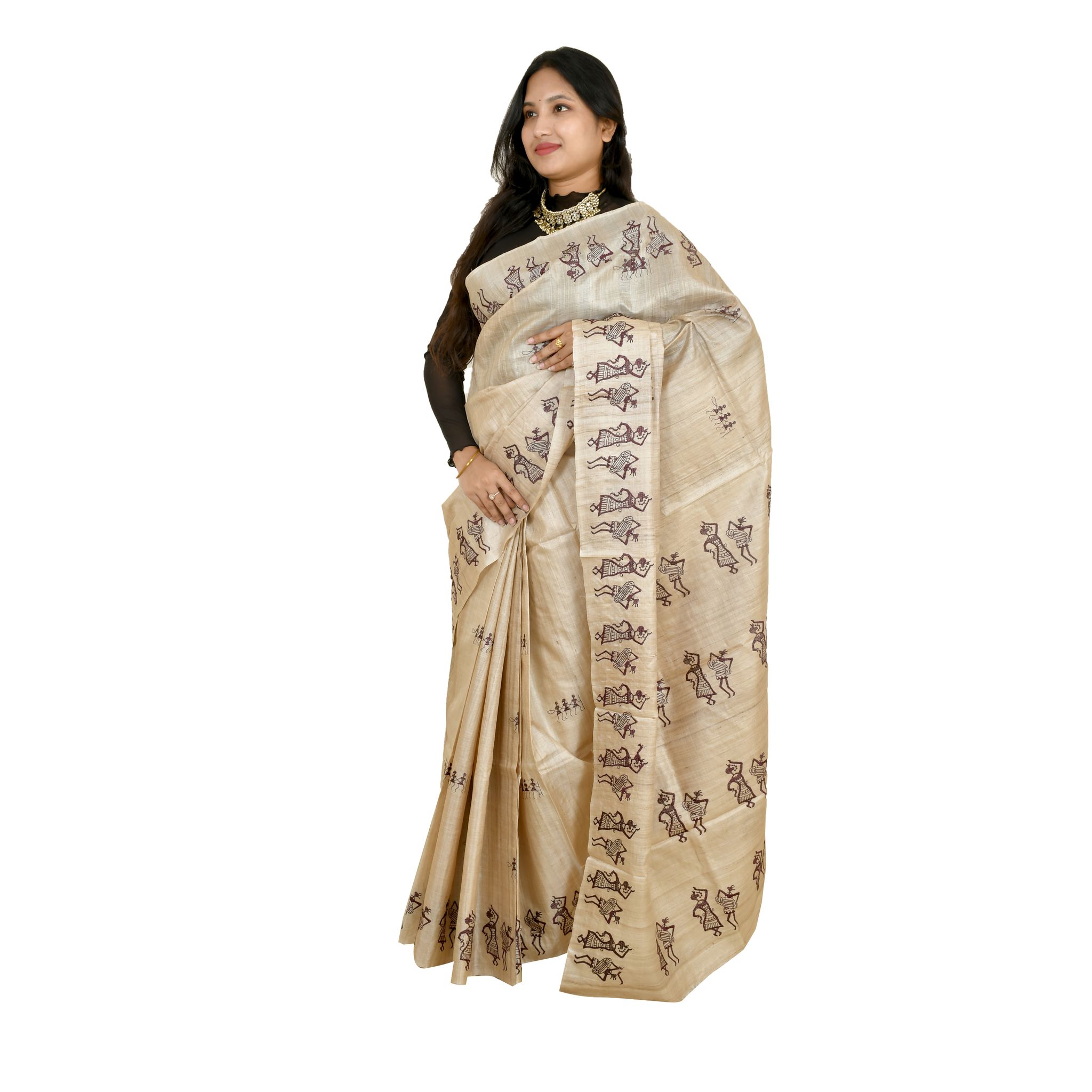 TRIBES INDIA Olive Green Warli Art Silk Saree