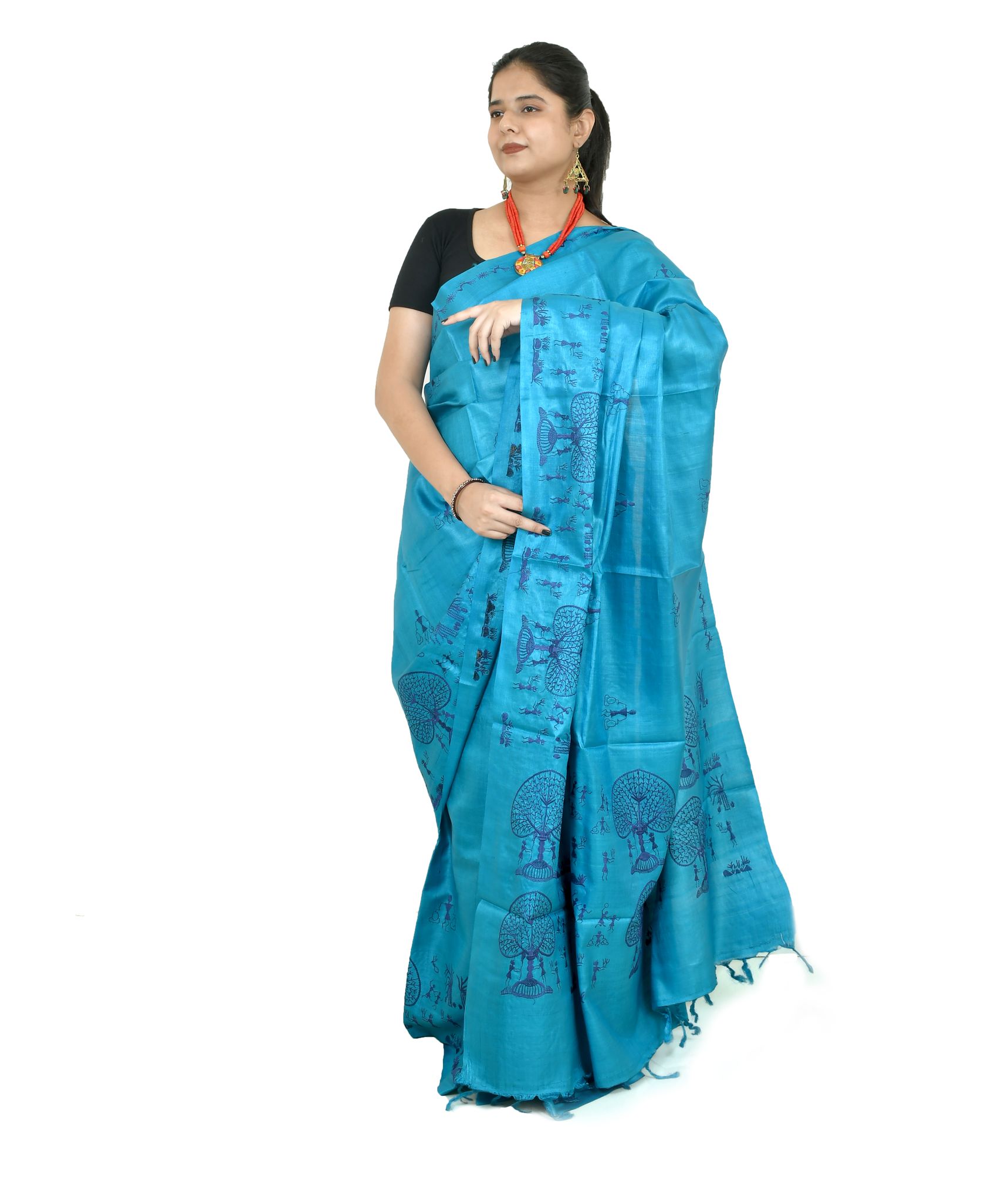 Tribes India Beige Silk Blend Saree with Handpainted Warli Art