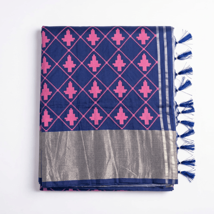 Navy Blue Saree with Pink Geometric Prints and Silver Pallu