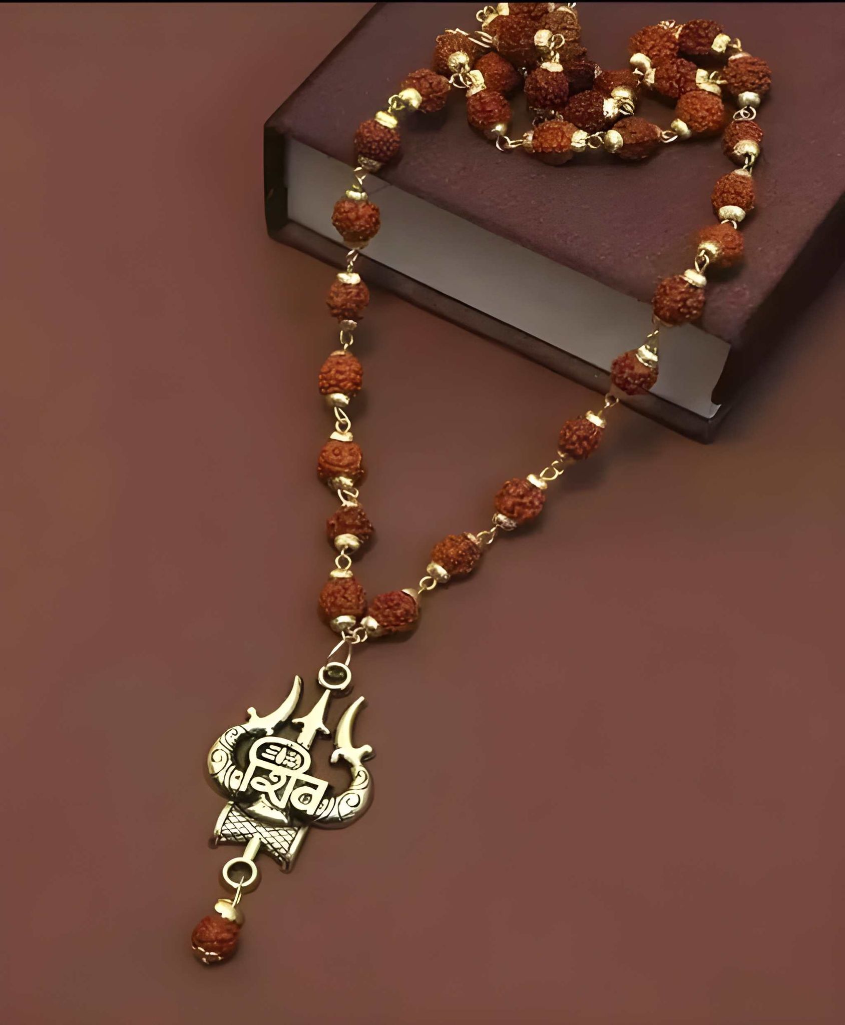 Trishul Designer Rudraksha Mala with Panchmukhi Rudraksha Beads, Pack of 1 (Original)