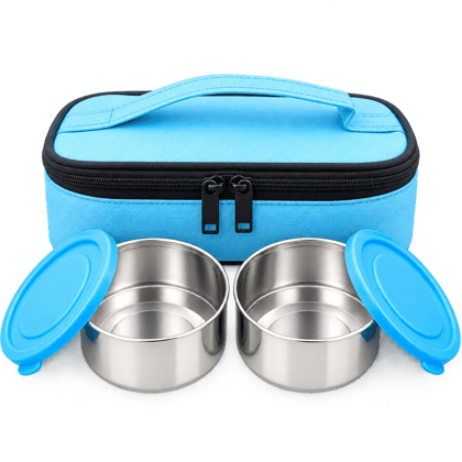 V3Deals Stainless Steel Lunch Box Set with Bag Includes 2 stainless steel bowls, 2 blue lids and 1 blue insulated carry bag for office, school and travel ( Universal Lunch Box 8)