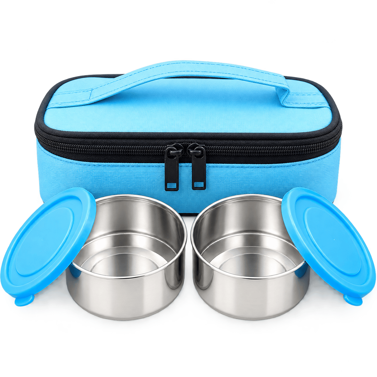 V3Deals Stainless Steel Lunch Box Set with Bag Includes 2 stainless steel bowls, 2 blue lids and 1 blue insulated carry bag for office, school and travel ( Universal Lunch Box 8)