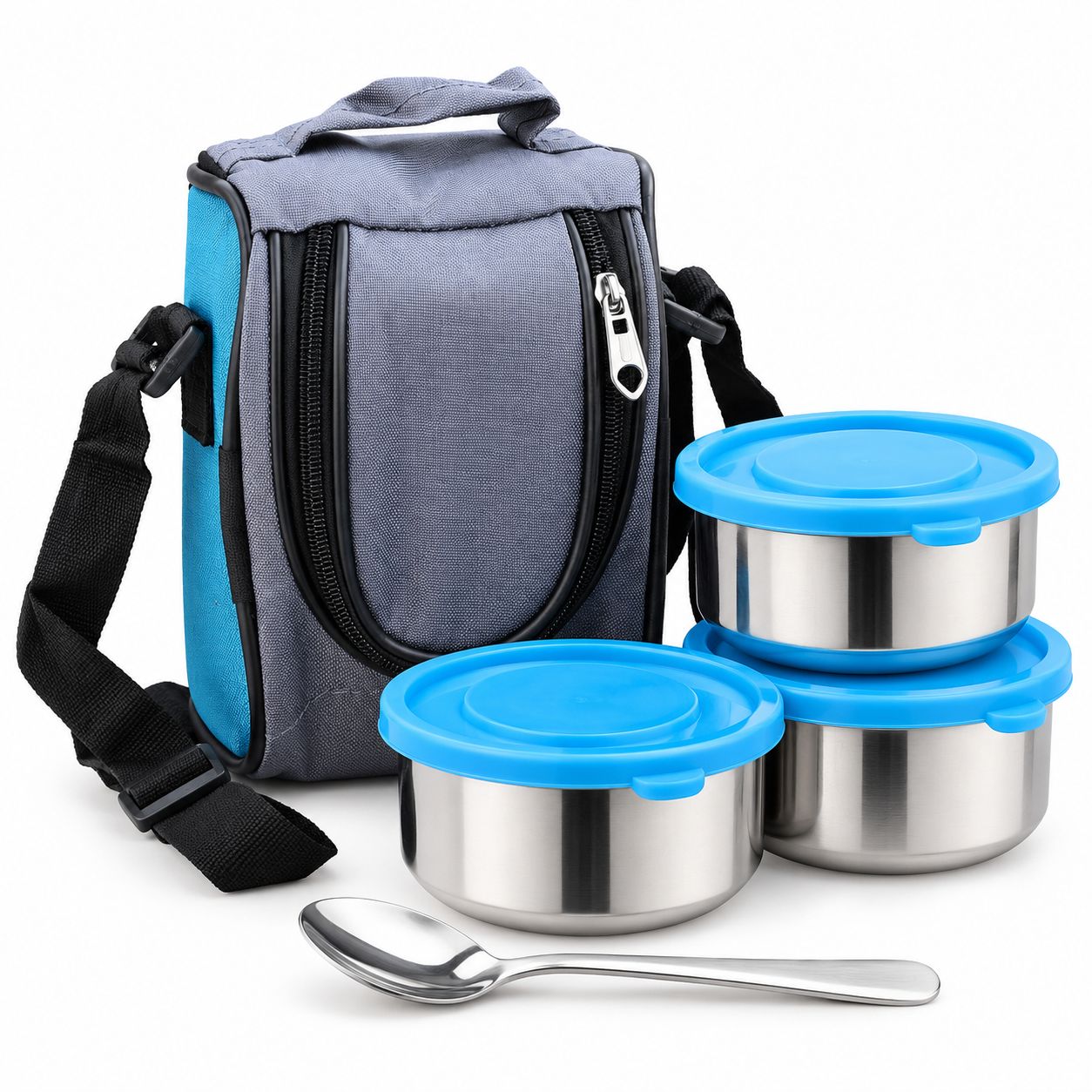 V3Deals Stainless Steel Lunch Box Set with Bag & Spoon 3 Stainless Steel Bowl Containers, Blue Lids, Insulated Carry Bag, Adjustable Shoulder Strap, Steel Spoon ( SUPREME MEAL TIFFIN 9)