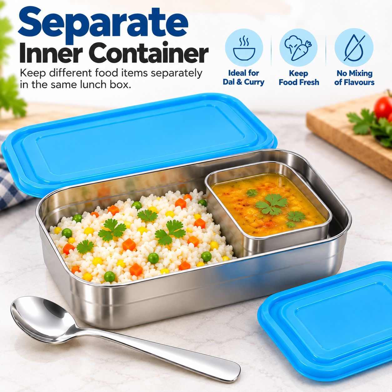 V3Deals Stainless Steel Lunch Box, Inner Container & Spoon Stainless Steel Lunch Box, Inner Container, 2 Blue Lids, Steel Spoon, For Office, School & Daily Meals  ( HAPPY LUNCH BOX 10)