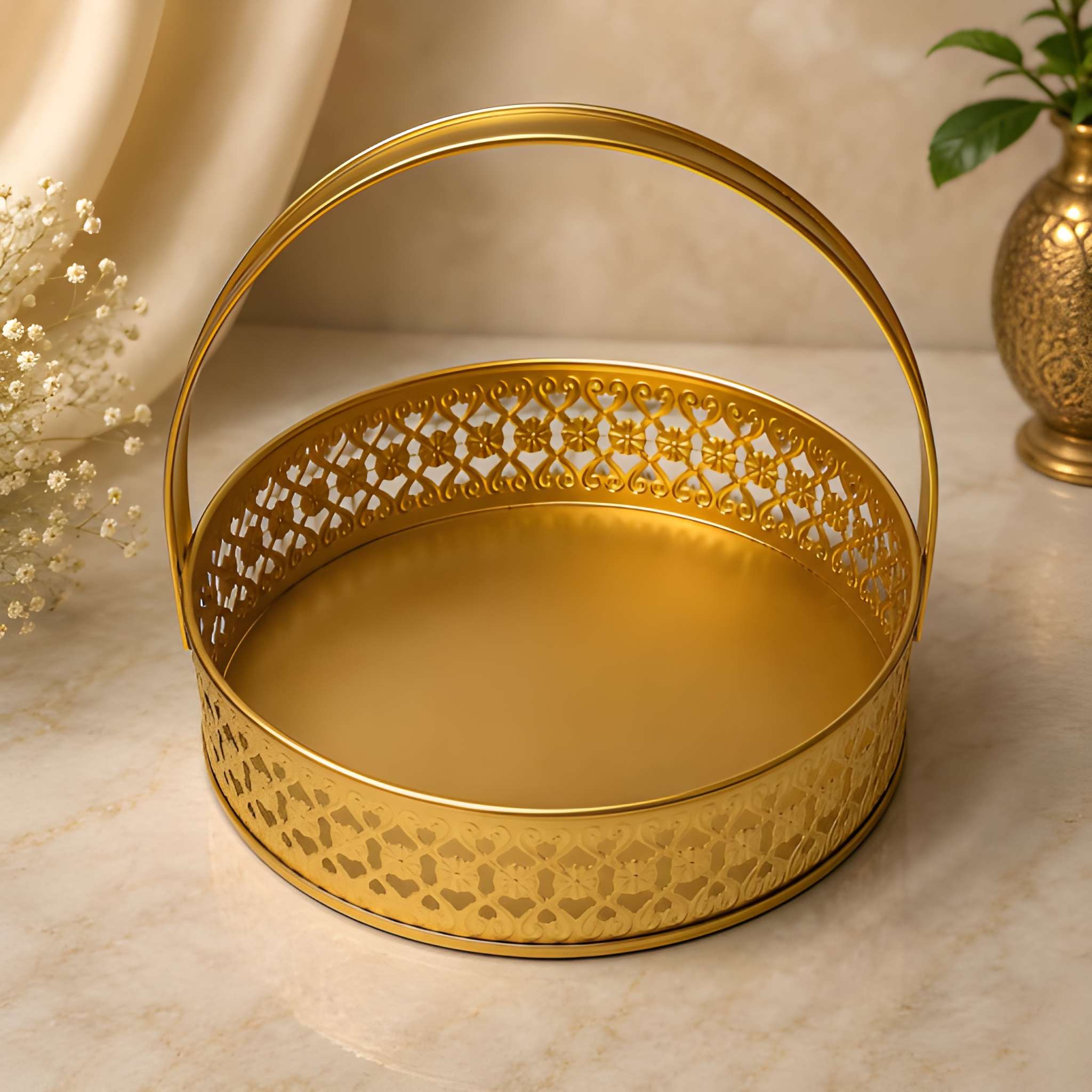 Heavy Duty Puja Metal Basket | Round Shape | Puja Basket | Tokri | Kandi with Handle | Dalia | Puja Item (Original)