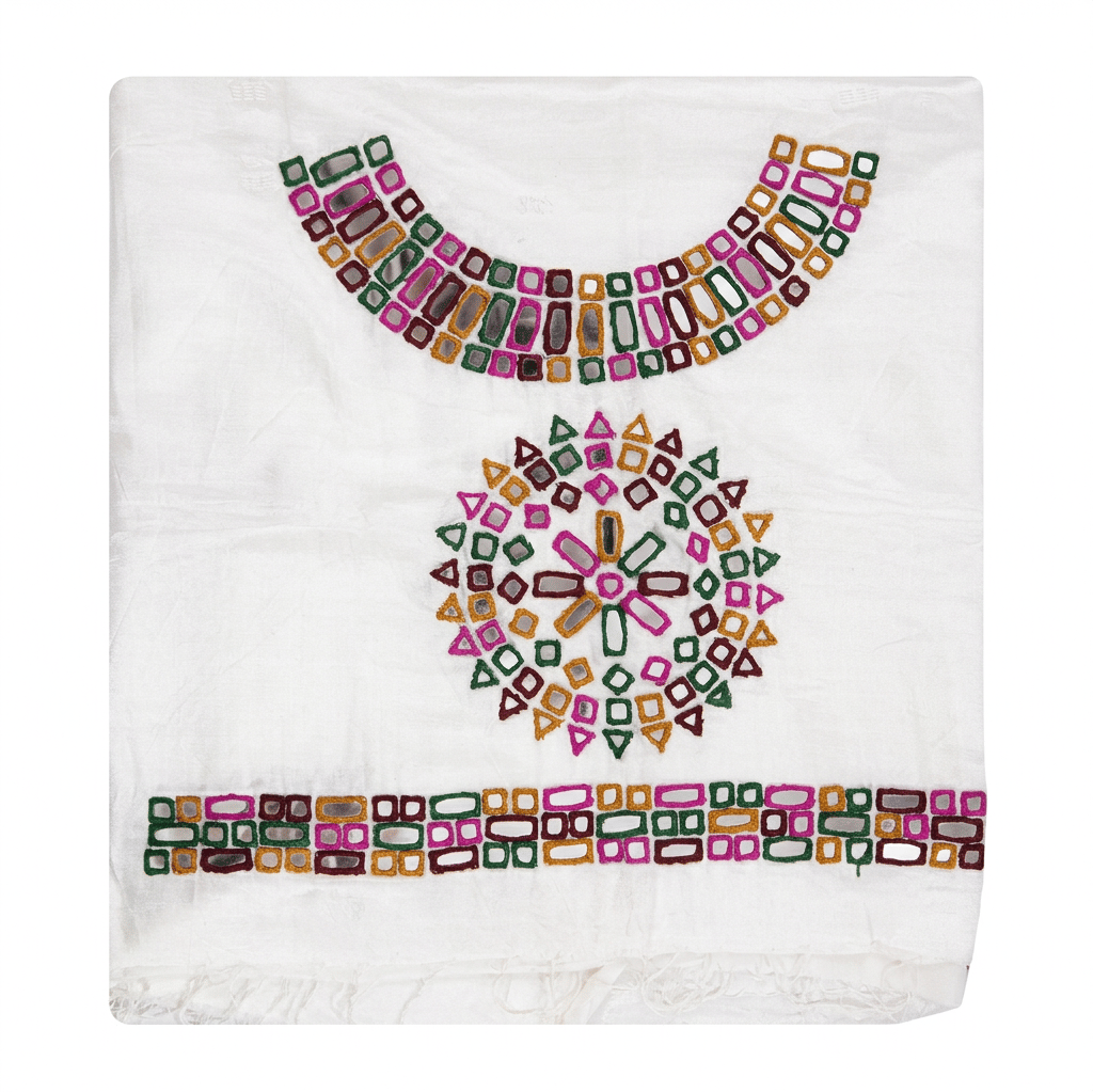 White Cotton blouse with Multi-Color Mirror Work
