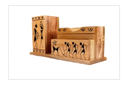 Warli painted wooden mobile stand with pen stand Warli painted wooden mobile stand with pen stand