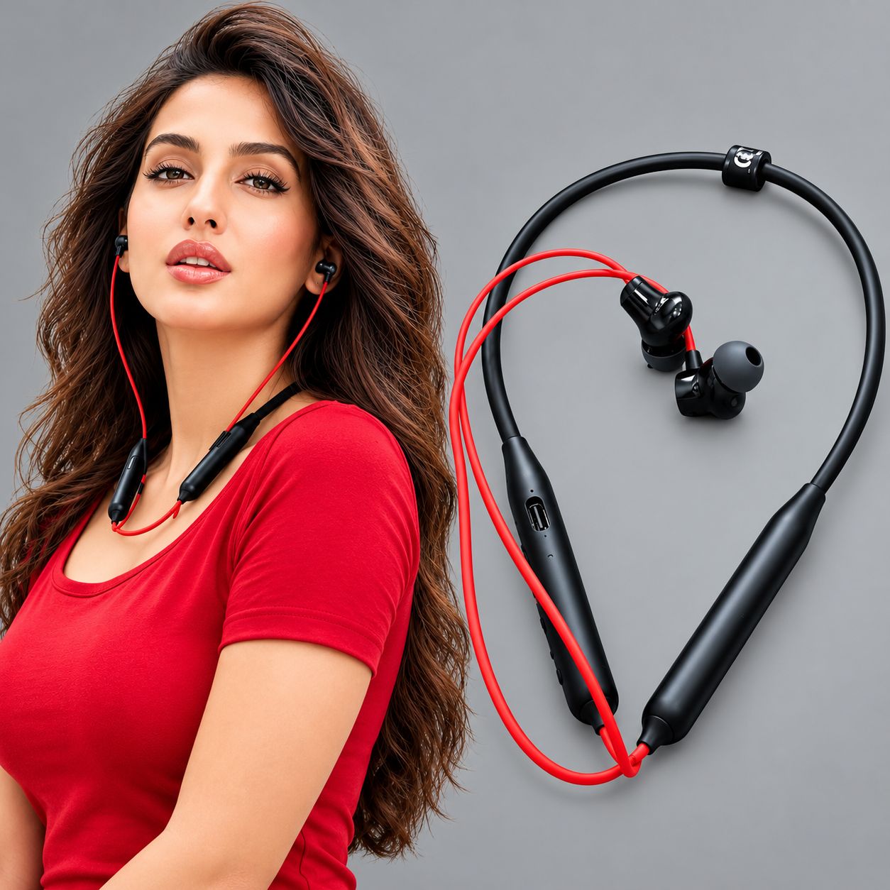 Wireless Bluetooth Neckband Earphones with Mic, Black and Red In-Ear Headphones for Music and Calling