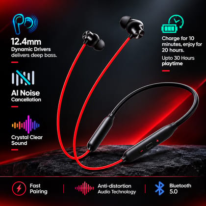 Wireless Bluetooth Neckband Earphones with Mic, Black and Red In-Ear Headphones for Music and Calling