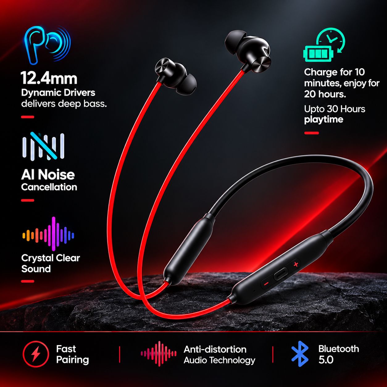 Wireless Bluetooth Neckband Earphones with Mic, Black and Red In-Ear Headphones for Music and Calling