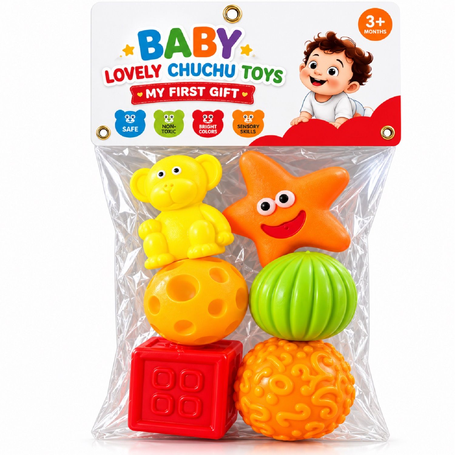 KTRS ENTERPRISE Chu Chu Toy Set for Babies, 6 Piece Colourful Sensory Toys Set, Textured Animal and Shape Toys for Infants, Early Learning Play Set, Multicolour Baby Gift
