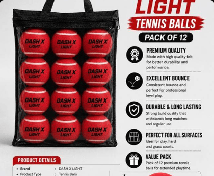 DASH X LIGHT Premium Red Tennis Balls, Pack of 12