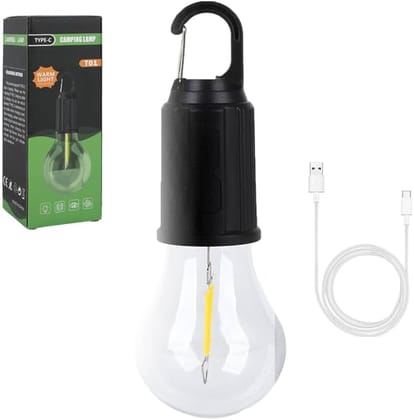 Solar Powered Camping Light Bulb with Type-C Rechargeable Warm LED Bulb & Hanging Hook