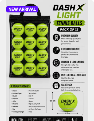 DASH X LIGHT Tennis Balls - Pack of 12 (All Court Surfaces)