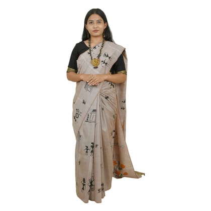 Hand Painted Jute Silk Saree, Warli & Lotus Print