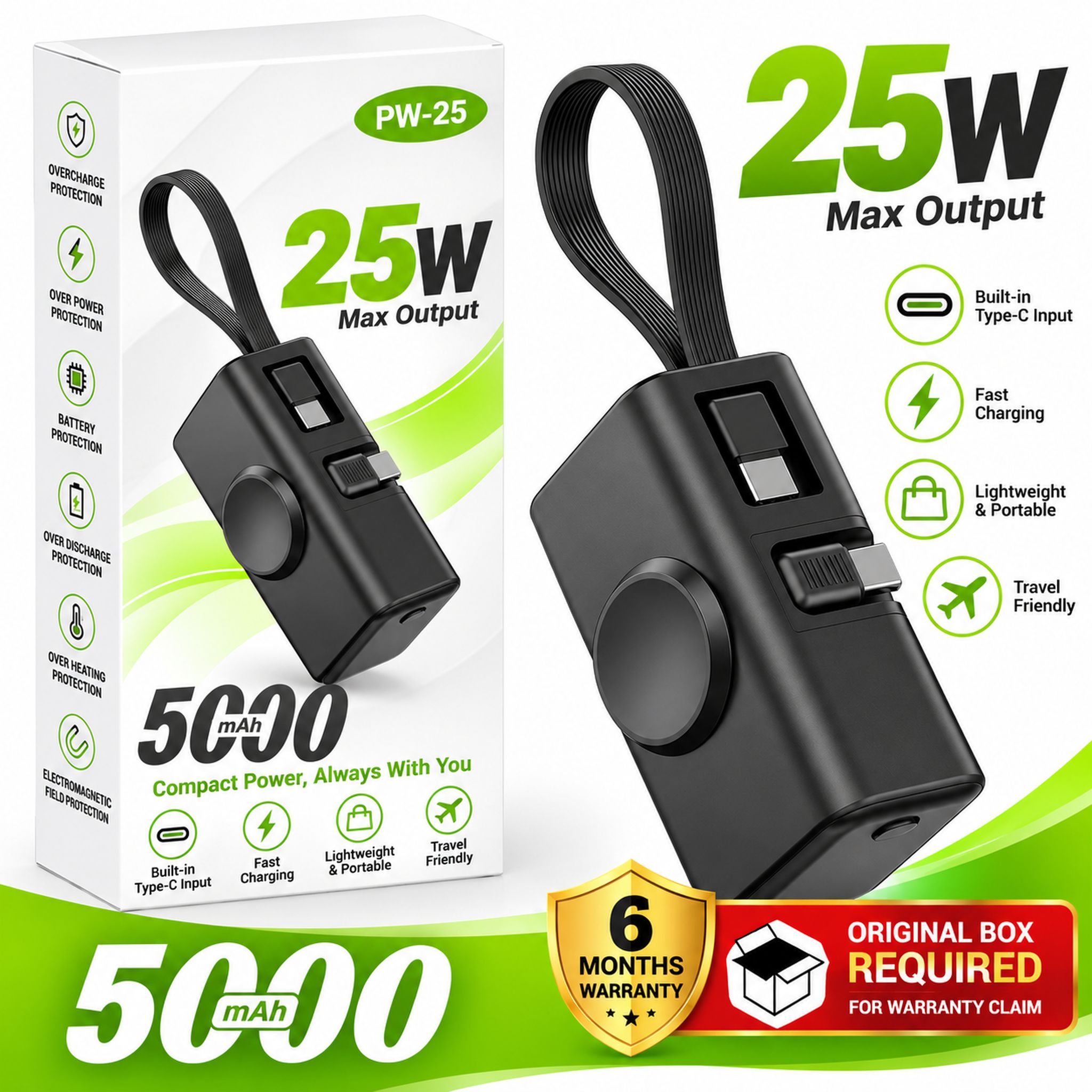 5000mAh Mini Power Bank with Built-in Type-C Connector, Carry Strap, Compact Portable Mobile Charger with 6-Month Warranty