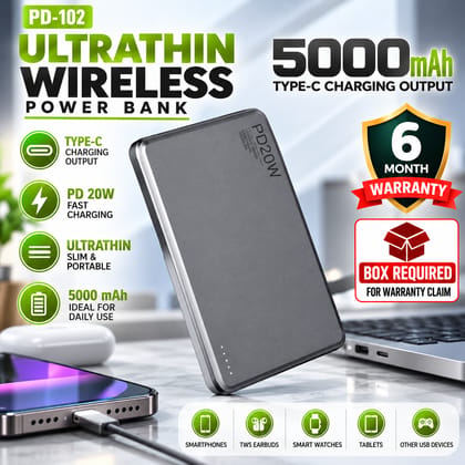 Ultra Slim Wireless Power Bank 5000mAh with 20W PD Fast Charging |USB Type-C Output, LED Battery Indicators, Compact Portable Mobile Charger | 6 Months Warranty