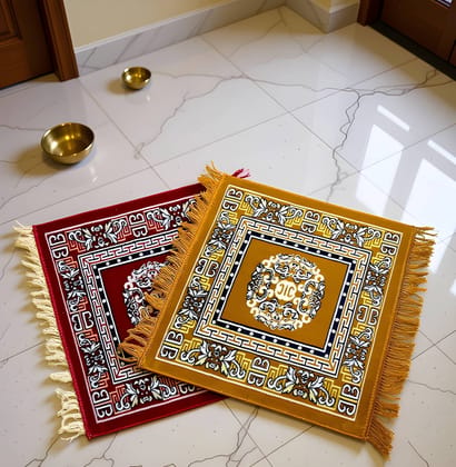 Heavy Duty Set of 2 Different Color Pooja Mats | Square Shape | Soft Velvet Material | Meditation Prayer Mat for Pooja | Pack of 2 (Original)