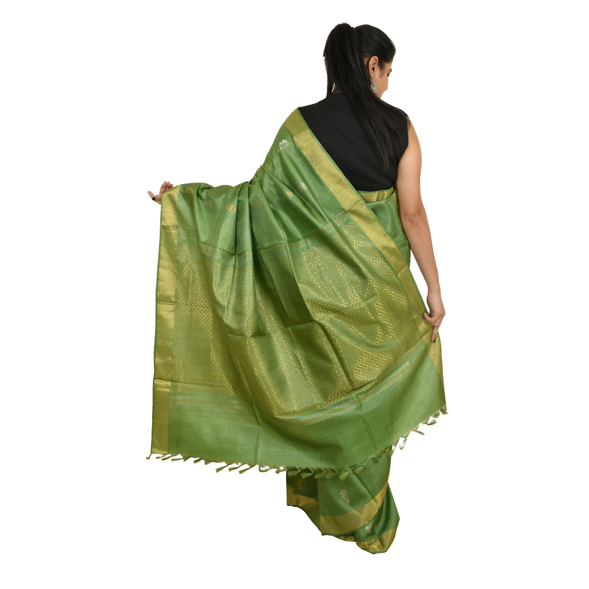 Tribes India Beige Tassar Silk Saree with Blue Motifs