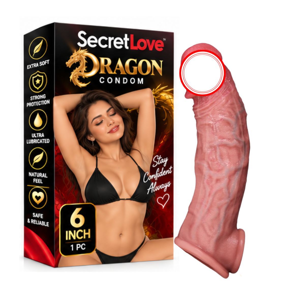 Dragon Textured Silicone Condom | 6 Inch Adult Intimate Product | Textured Design | Soft Feel Finish | Lubricated Finish | Adult Wellness Accessory | 1 Piece