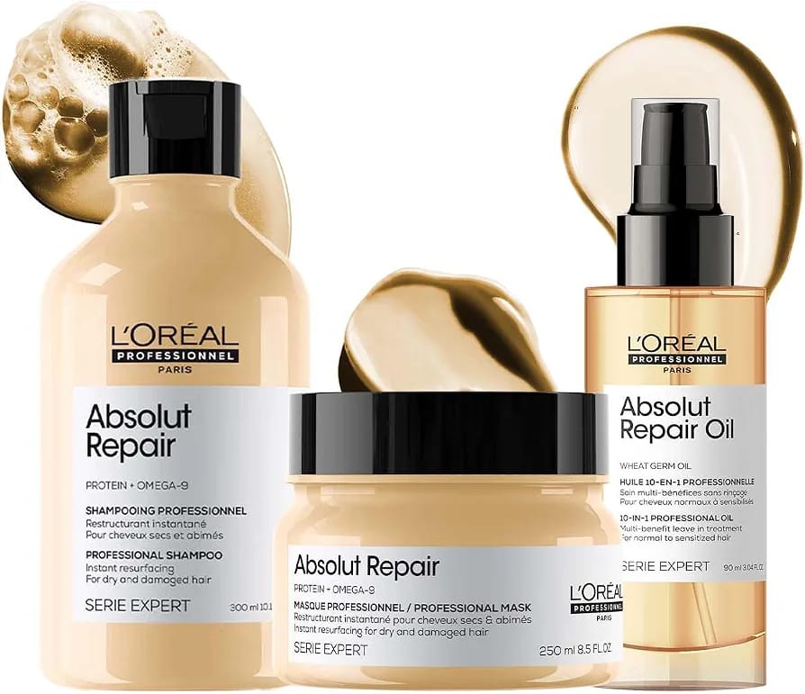 Loreal Professionnel Serie Expert Absolut Repair Shampoo 300ml, Hair Mask 250ml & Hair Serum 90Ml, With Protein and Omega-9, For Dry And Damaged Hair