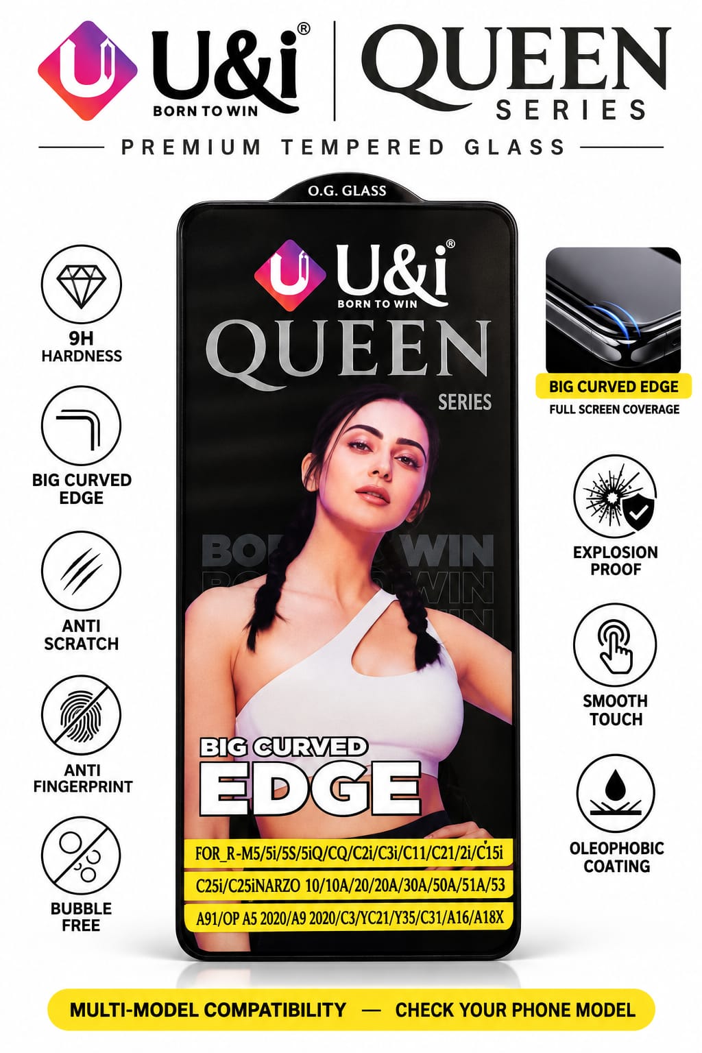 U&i 10H Hardness ESD Anti Dust Tempered Glass Screen Protector with Curved Edge FOR_R-M5/5i/5S/5iQ/CQ/C2i/C3i/C11/C21/2i/C15i  C25i/C25iNARZO 10/10A/20/20A/30A/50A/51A/53  A91/OP A5 2020/A9 2020/C3/YC21/Y35/C31/A16/A18X