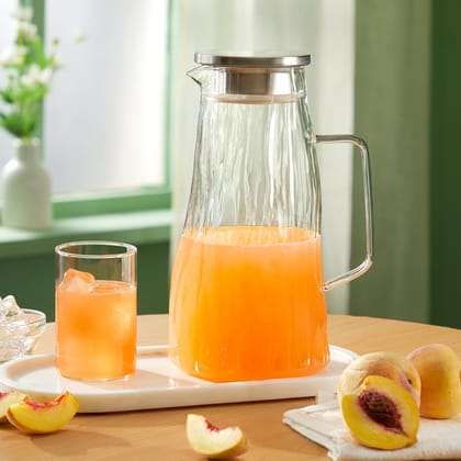 Borosil 1.8L Auk Borosilicate Glass Jug with Stainless Steel Lid, Textured Glass Pitcher for Water, Juice & Iced Tea, Fridge Safe Water Jug with Handle