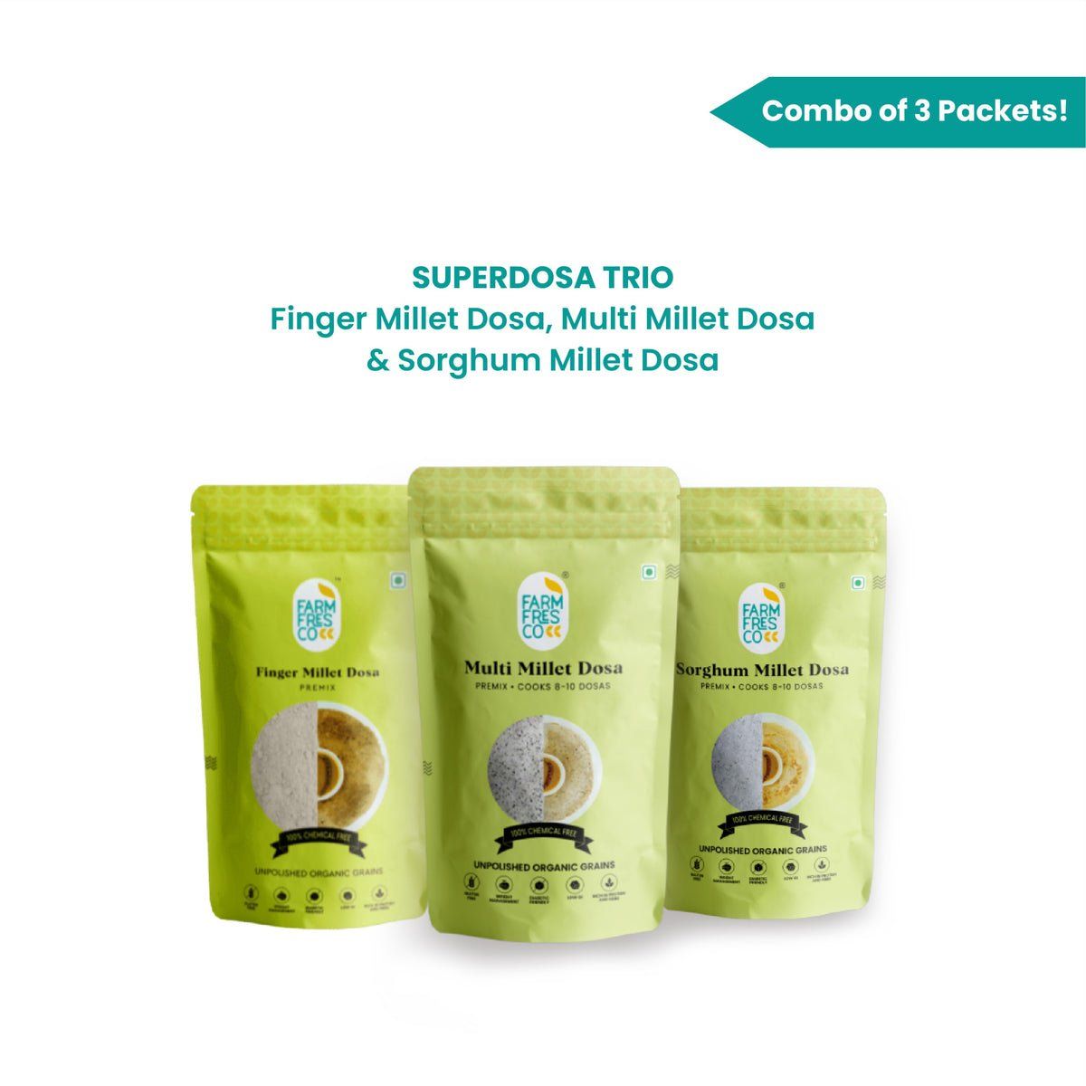 FarmFresco Superdosa Trio - Multi Millet, Jowar & Ragi Dosa Mix (3 x 165g)