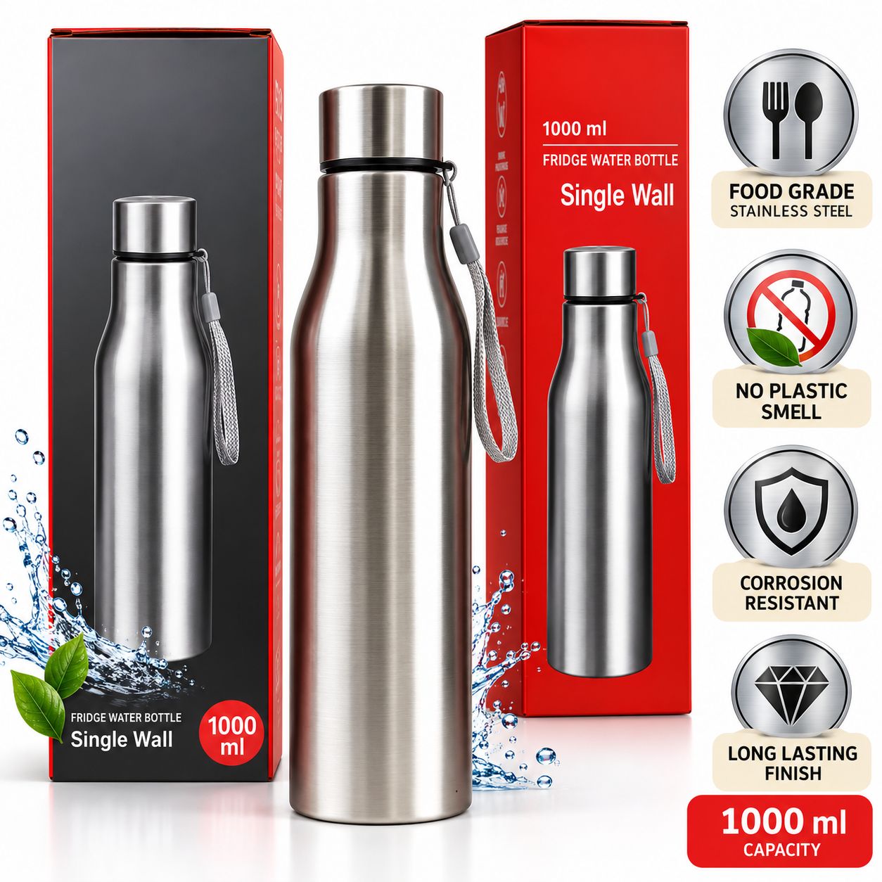 1 Litre Stainless Steel Water Bottle with Screw Cap & Carry Strap, Silver Reusable Drinking Bottle for Office, School, Gym and Travel