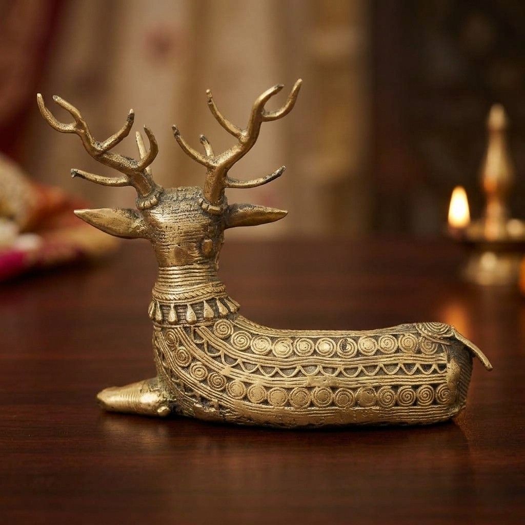 Tribes India Traditional Brass Reclining Deer Figurine