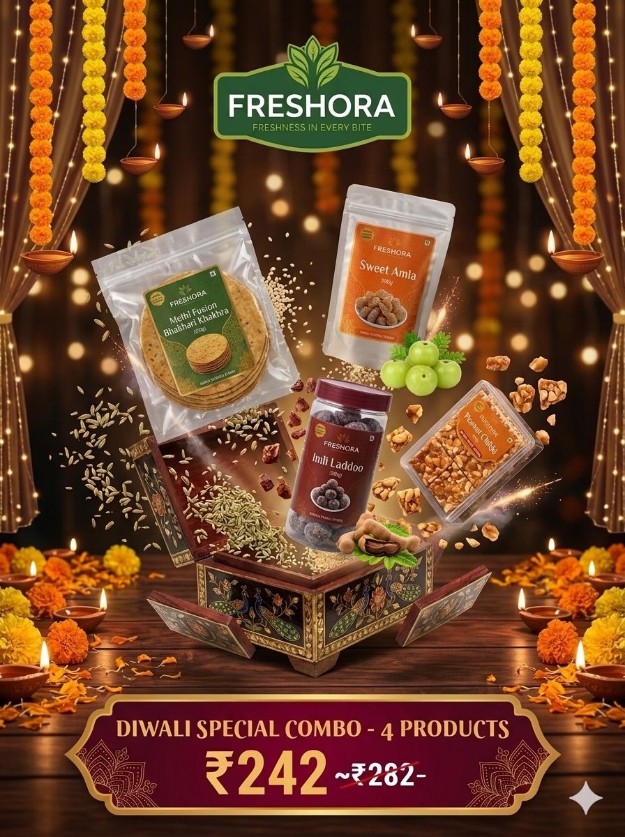 Freshora Diwali Special Festive Combo Pack (Set of 4) | Vacuum Packed Methi Fusion Bhakhari Khakhra, Sweet Amla, Tangy Imli Laddoo & Premium Peanut Chikki | 900g Total Weight