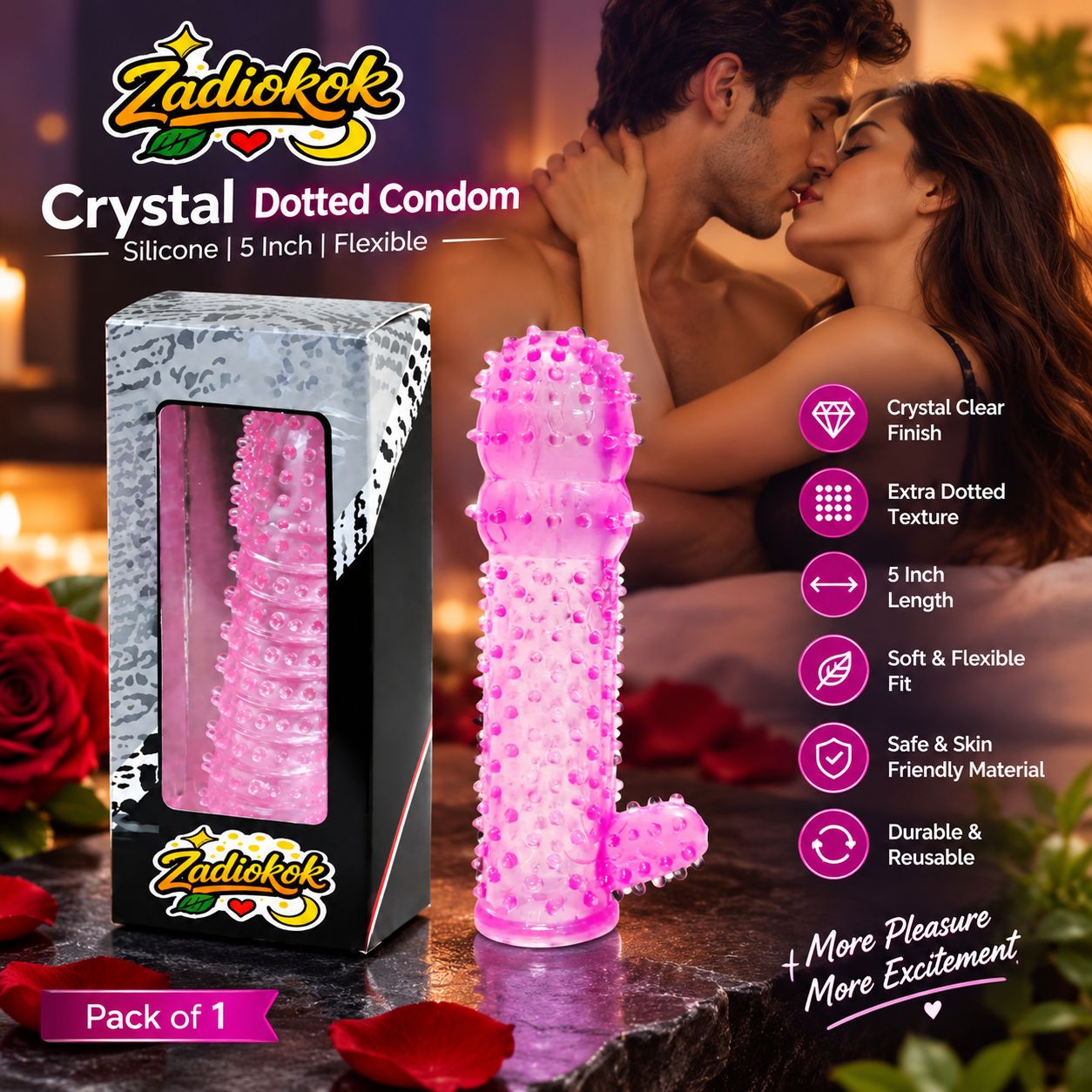 Zadiokok Ultra Dotted Crystal Condom 5 Inch Condom Intimate Pleasure Reusable Sleeve (Pack of 1)