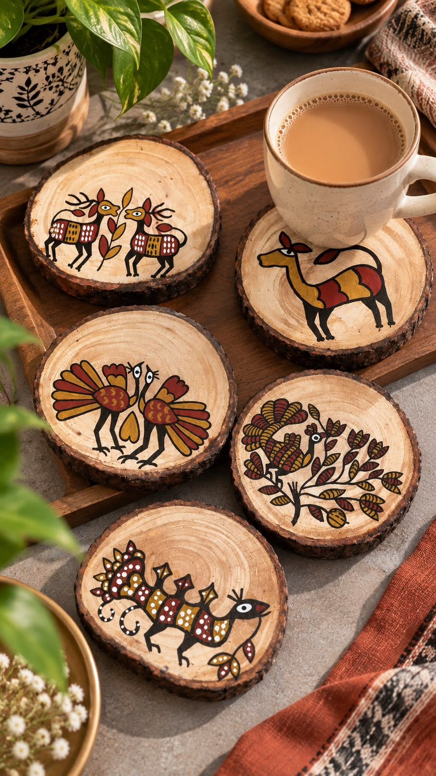 Indian Folk Art (Sohrai Art) Hand-Painted Wood Slice Coasters 