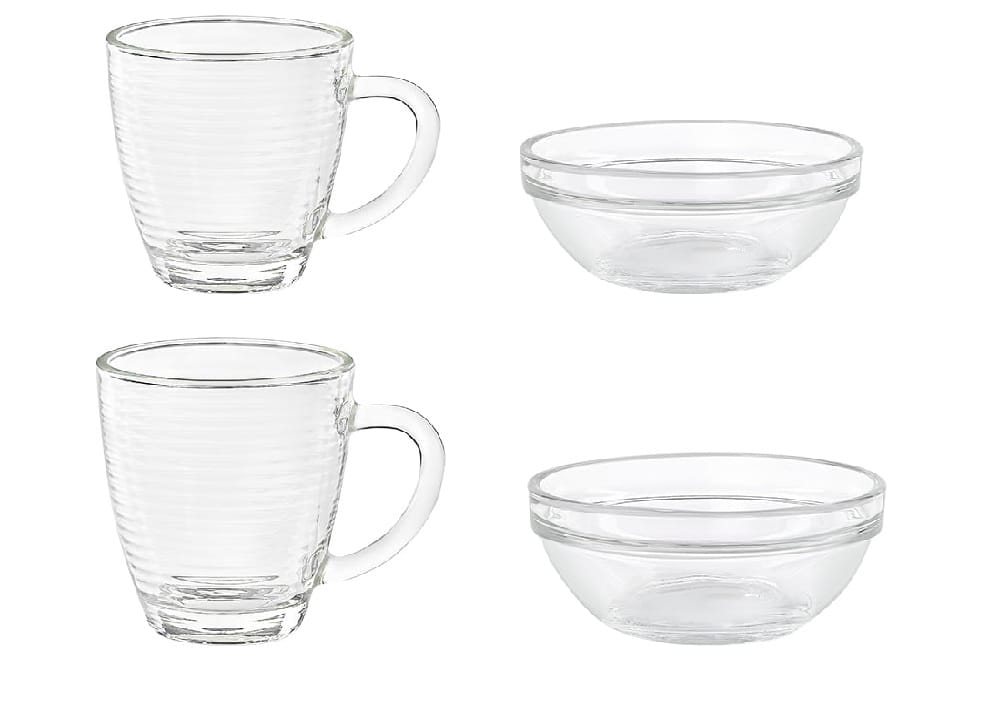 Borosil Swirl Treat Set, 240ml Mug with 10cm Stackable Bowl , Set Of 4