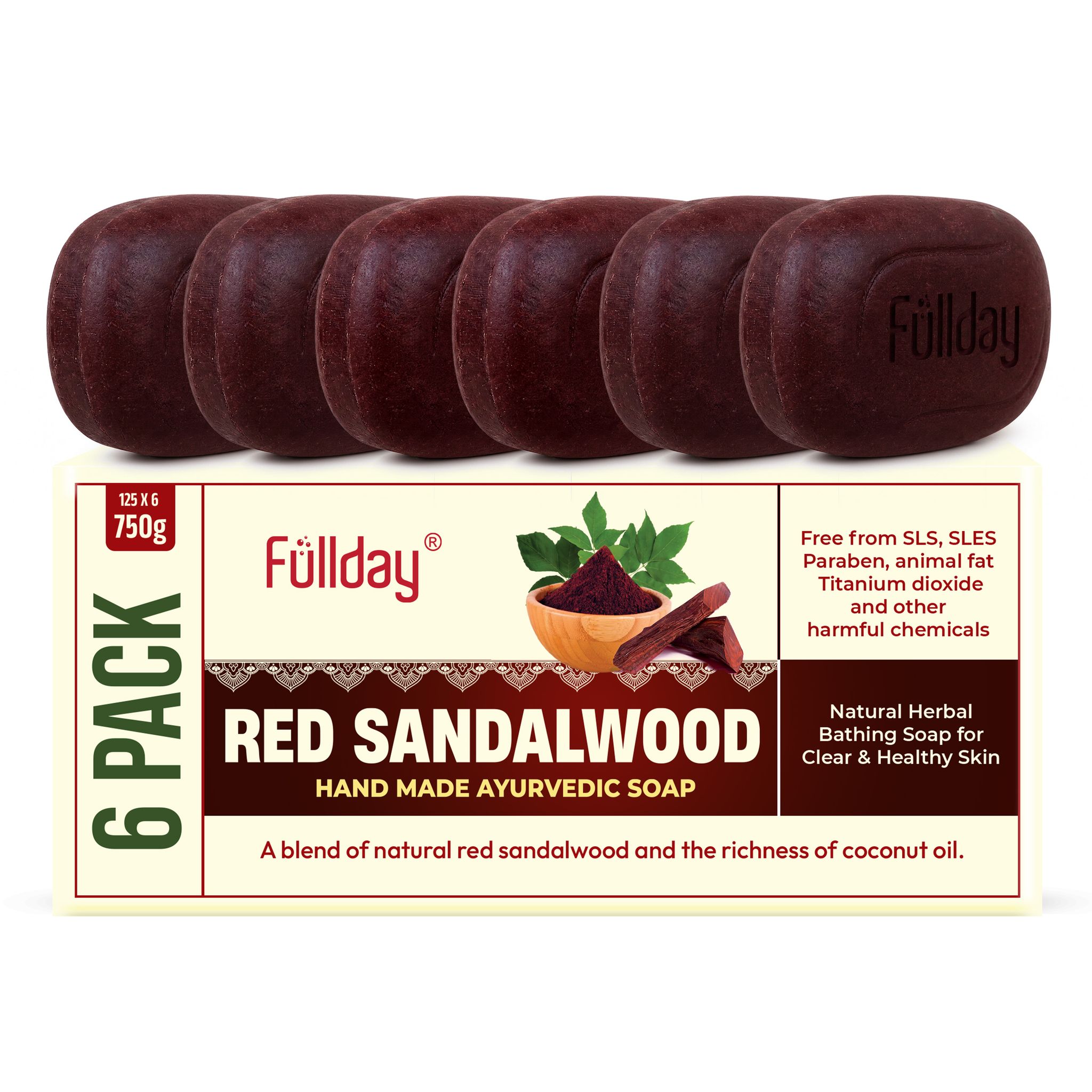 Fullday Red sandalwood soap pack of 6 (6X125G)