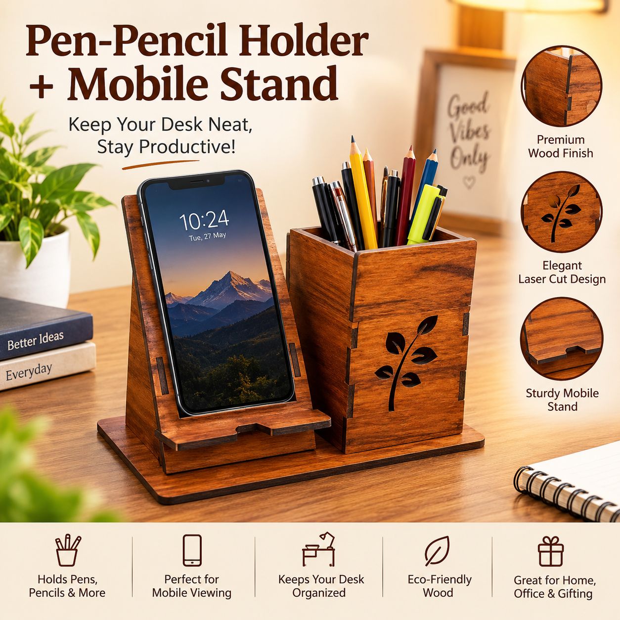 DHRUVINSRI Handcrafted Wooden Pen Holder & Mobile Stand for Office, Home & Study Table, Natural Brown Wood